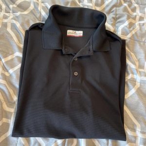a black short-sleeve polo shirt