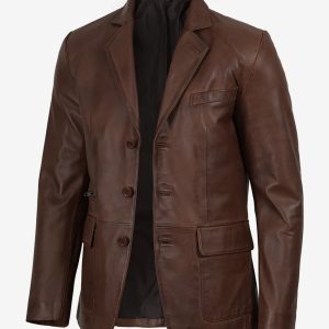 mens three button leather blazer cognac